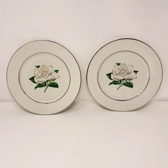 Set of 2 Embassy Vitrified White Rose - Dinner Plate - 10 1/8" Diameter - Picture 3 of 11